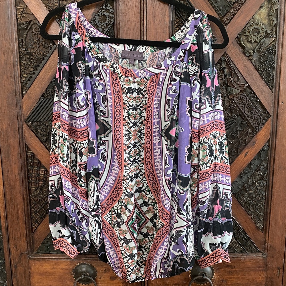 Hale Bob Tribal Print Long Sleeve Blouse, Size XS